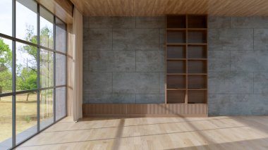 Büyük lüks, modern, parlak iç mekan. Oturma odası tasviri 3D canlandırma.