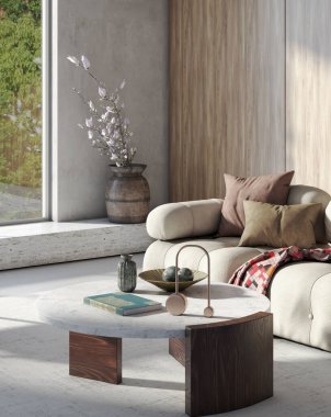 Büyük lüks, modern, parlak iç mekan. Oturma odası tasviri 3D canlandırma.