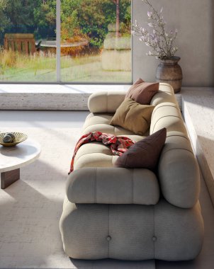 Büyük lüks, modern, parlak iç mekan. Oturma odası tasviri 3D canlandırma.