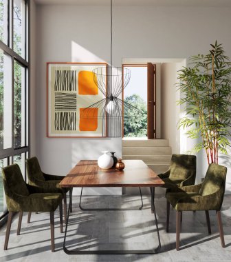 Büyük lüks, modern, parlak iç mekan. Oturma odası tasviri 3D canlandırma.