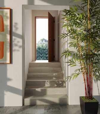 Büyük lüks, modern, parlak iç mekan. Oturma odası tasviri 3D canlandırma.