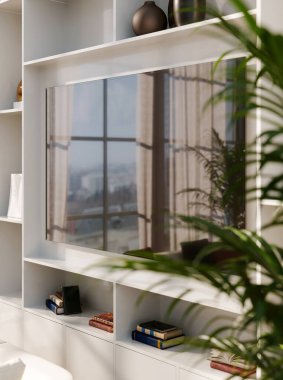 Büyük lüks, modern, parlak iç mekan. Oturma odası tasviri 3D canlandırma.