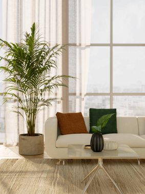 Büyük lüks, modern, parlak iç mekan. Oturma odası tasviri 3D canlandırma.