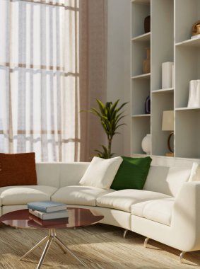 Büyük lüks, modern, parlak iç mekan. Oturma odası tasviri 3D canlandırma.