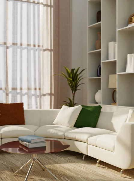 Büyük lüks, modern, parlak iç mekan. Oturma odası tasviri 3D canlandırma.