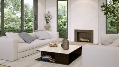 Büyük lüks, modern, parlak iç mekan. Oturma odası tasviri 3D canlandırma.