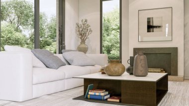 Büyük lüks, modern, parlak iç mekan. Oturma odası tasviri 3D canlandırma.