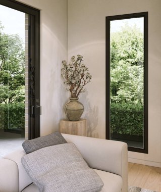 Büyük lüks, modern, parlak iç mekan. Oturma odası tasviri 3D canlandırma.