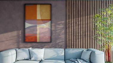 Büyük lüks, modern, parlak iç mekan. Oturma odası tasviri 3D canlandırma.