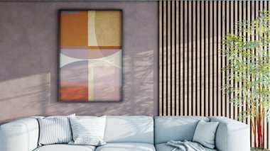 Büyük lüks, modern, parlak iç mekan. Oturma odası tasviri 3D canlandırma.