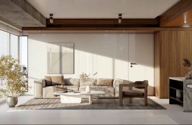 Büyük lüks, modern, parlak iç mekan. Oturma odası tasviri 3D canlandırma.