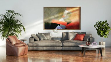 Büyük lüks, modern, parlak iç mekan. Oturma odası tasviri 3D canlandırma.