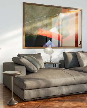 Büyük lüks, modern, parlak iç mekan. Oturma odası tasviri 3D canlandırma.