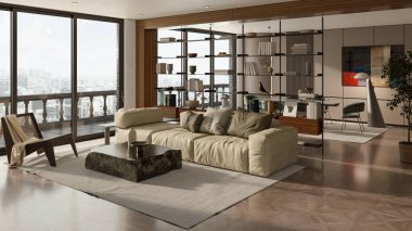 Büyük lüks, modern, parlak iç mekan. Oturma odası tasviri 3D canlandırma.