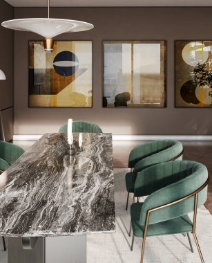 Büyük lüks, modern, parlak iç mekan. Oturma odası tasviri 3D canlandırma.