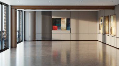 Büyük lüks, modern, parlak iç mekan. Oturma odası tasviri 3D canlandırma.