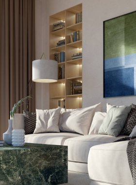 Büyük lüks, modern, parlak yatak odası. 3 boyutlu, resimli. Lüks, modern, parlak iç mekânlar.