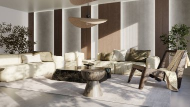 Büyük lüks, modern, parlak yatak odası. 3 boyutlu, resimli. Lüks, modern, parlak iç mekânlar.