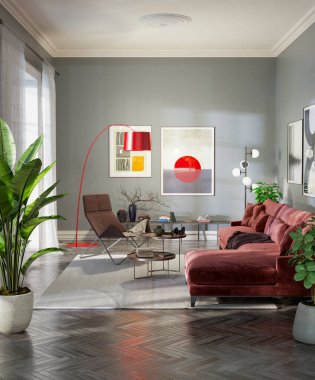 Büyük lüks, modern, parlak yatak odası. 3 boyutlu, resimli. Lüks, modern, parlak iç mekânlar.