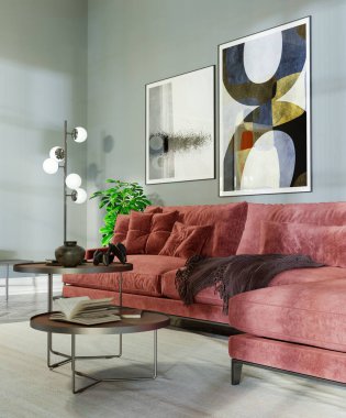 Büyük lüks, modern, parlak yatak odası. 3 boyutlu, resimli. Lüks, modern, parlak iç mekânlar.