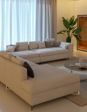 Büyük lüks, modern, parlak yatak odası. 3 boyutlu, resimli. Lüks, modern, parlak iç mekânlar.