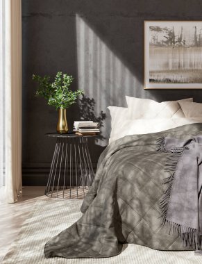 Büyük lüks, modern, parlak yatak odası. 3 boyutlu, resimli. Lüks, modern, parlak iç mekânlar.