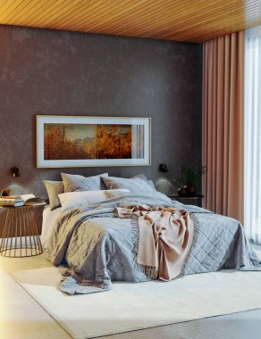 Büyük lüks, modern, parlak yatak odası. 3 boyutlu, resimli. Lüks, modern, parlak iç mekânlar.