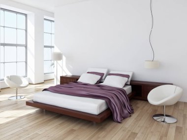 Modern parlak yatak odası iç 3d render illüstrasyon