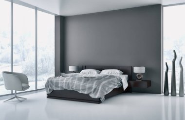 Modern parlak yatak odası iç 3d render illüstrasyon