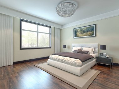 Modern parlak yatak odası iç 3d render illüstrasyon