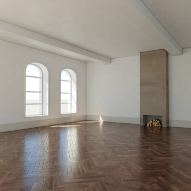 Büyük lüks, modern, parlak iç mekan. Oturma odası tasviri 3D canlandırma.