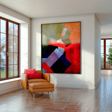 Büyük lüks, modern, parlak iç mekan. Oturma odası tasviri 3D canlandırma.