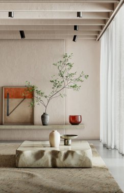 Büyük lüks, modern, parlak iç mekan. Oturma odası tasviri 3D canlandırma.