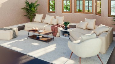 Büyük lüks, modern, parlak iç mekan. Oturma odası tasviri 3D canlandırma.