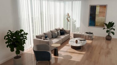 Büyük lüks, modern, parlak iç mekan. Oturma odası tasviri 3D canlandırma.