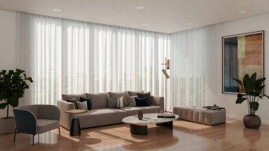 Büyük lüks, modern, parlak iç mekan. Oturma odası tasviri 3D canlandırma.