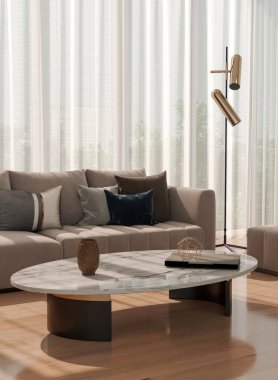 Büyük lüks, modern, parlak iç mekan. Oturma odası tasviri 3D canlandırma.