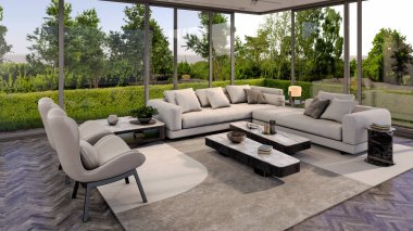 Büyük lüks, modern, parlak iç mekan. Oturma odası tasviri 3D canlandırma.