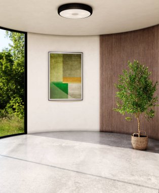 Büyük lüks, modern, parlak iç mekan. Oturma odası tasviri 3D canlandırma.