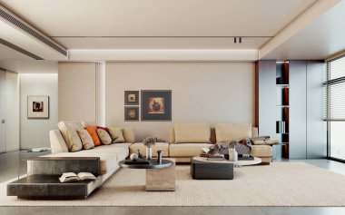 Büyük lüks, modern, parlak iç mekan. Oturma odası tasviri 3D canlandırma.