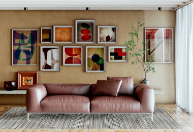 Büyük lüks, modern, parlak iç mekan. Oturma odası tasviri 3D canlandırma.