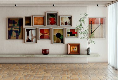 Büyük lüks, modern, parlak iç mekan. Oturma odası tasviri 3D canlandırma.