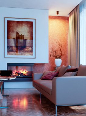 Büyük lüks, modern, parlak iç mekan. Oturma odası tasviri 3D canlandırma.