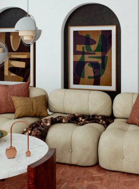 Büyük lüks, modern, parlak iç mekan. Oturma odası tasviri 3D canlandırma.