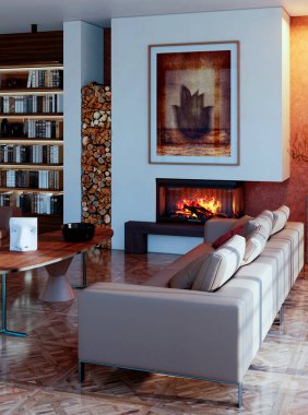 Büyük lüks, modern, parlak iç mekan. Oturma odası tasviri 3D canlandırma.