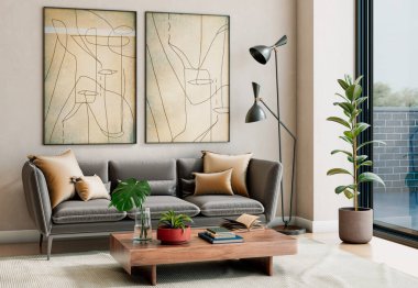 Büyük lüks, modern, parlak iç mekan. Oturma odası tasviri 3D canlandırma.