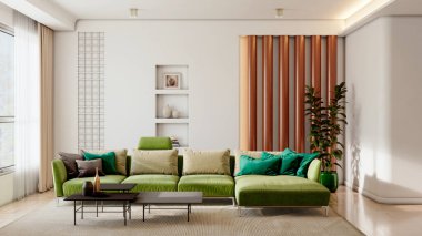 Büyük lüks, modern, parlak iç mekan. Oturma odası tasviri 3D canlandırma.