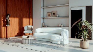 Büyük lüks, modern, parlak iç mekan. Oturma odası tasviri 3D canlandırma.