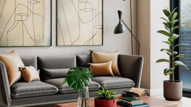 Büyük lüks, modern, parlak iç mekan. Oturma odası tasviri 3D canlandırma.