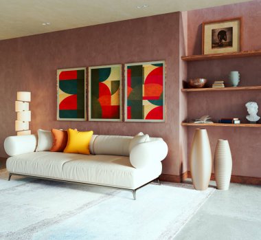 Büyük lüks, modern, parlak iç mekan. Oturma odası tasviri 3D canlandırma.